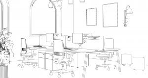 Schéma préliminaire de l'aménagement d'un espace de travail pro à la fois ergonomique et confortable.