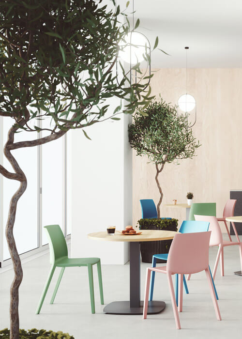 Photo présentant l'aménagement d'un espace de détente en entreprise équipé de tables rondes, de sièges et d'une décoration naturelle avec des plantes d'intérieur.
