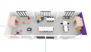 Plan 3d de l'aménagement de bureaux professionnels par Harmony groupe avec espaces informels et box acoustiques.
