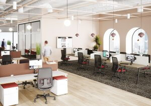 Photo d'inspiration pour l'aménagement d'un open space design et moderne pour des bureaux maximisant la QVT.
