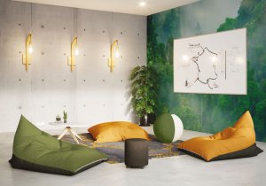 Photo d'inspiration pour l'aménagement d'une salle de détente design à l'aide de pouf "Snooz" , d'une décoration murale sur le thème de la nature et la présence de plantes vertes.